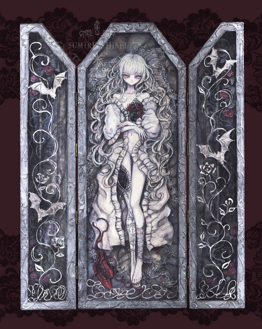 1girl, absurdres, acrylic_paint_(medium), barefoot, bat_(animal), commentary_request, doll, dress, flat_chest, flower, full_body, highres, long_hair, looking_at_viewer, navel, open_clothes, open_dress, original, painting_(medium), pale_skin, red_eyes, red_flower, red_rose, rose, shoes, solo, sumire_shisei, traditional_media, unworn_shoes, vampire, wavy_hair, white_dress, white_hair