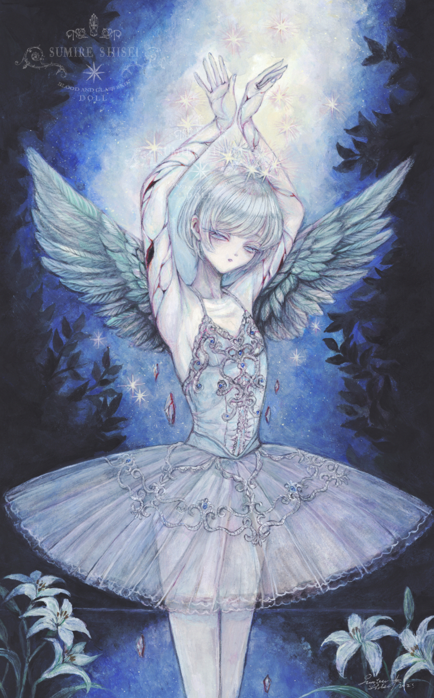 1girl, absurdres, acrylic_paint_(medium), arms_up, ballerina, commentary_request, cracked_skin, expressionless