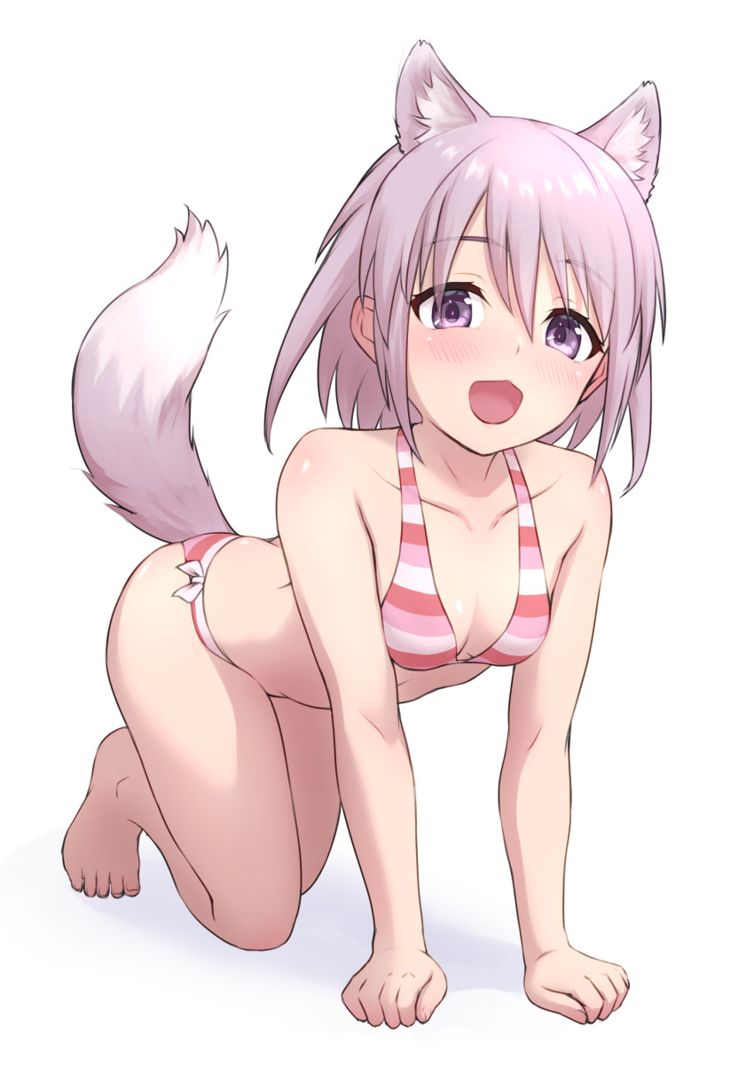 1girl, :d, absurdres, alice_gear_aegis, animal_ear_fluff, animal_ears, barefoot, bikini