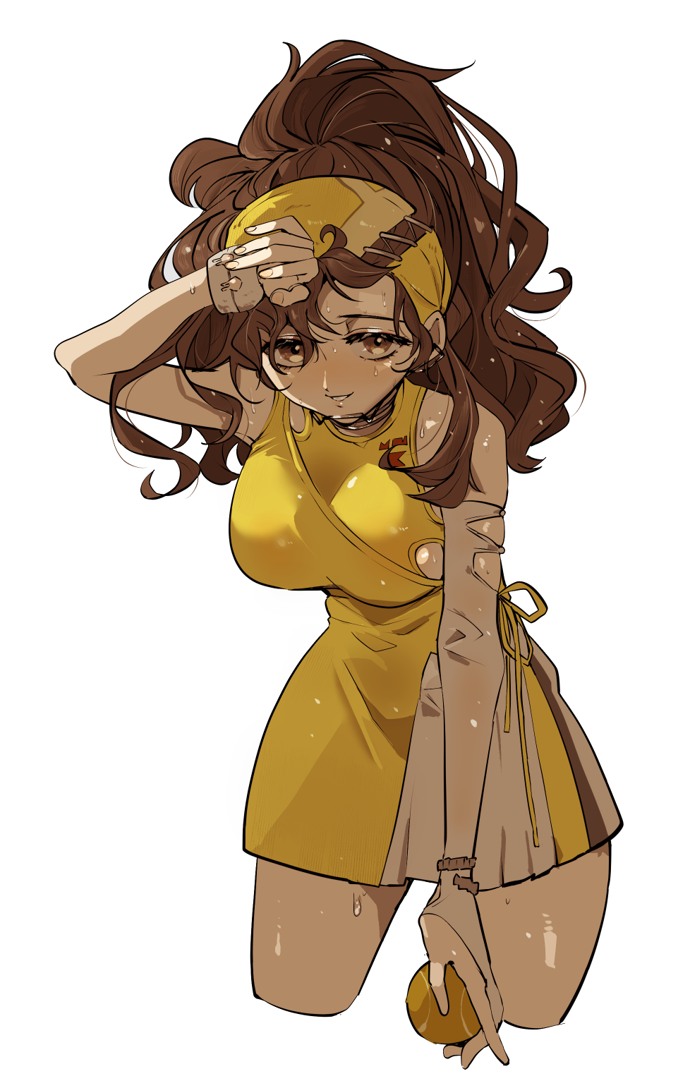 1girl, arm_warmers, ball, bare_shoulders, breasts, brown_eyes, brown_hair, cowboy_shot