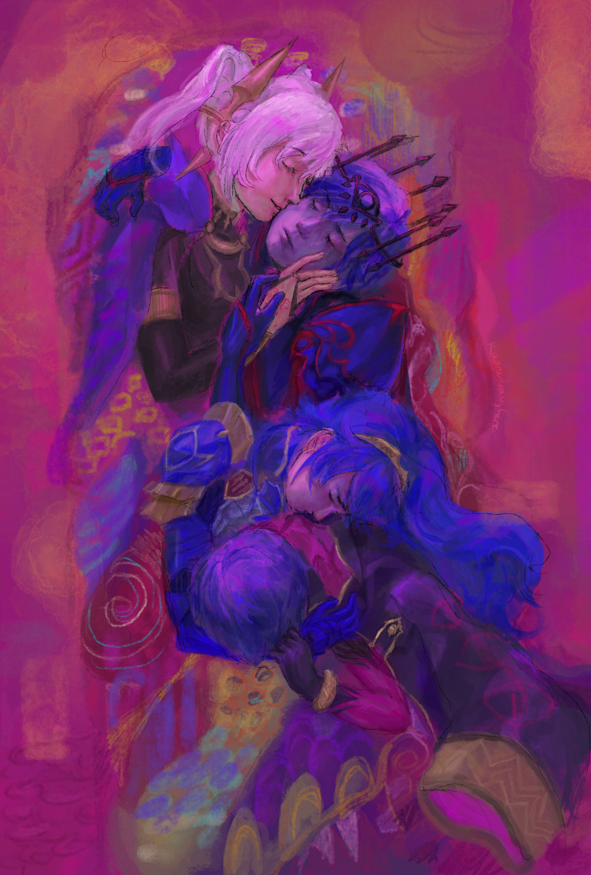 2boys, 2girls, absurdres, art_nouveau, bad_end, bakanachos, blue_hair, chrom_(fell_exalt)_(fire_emblem)