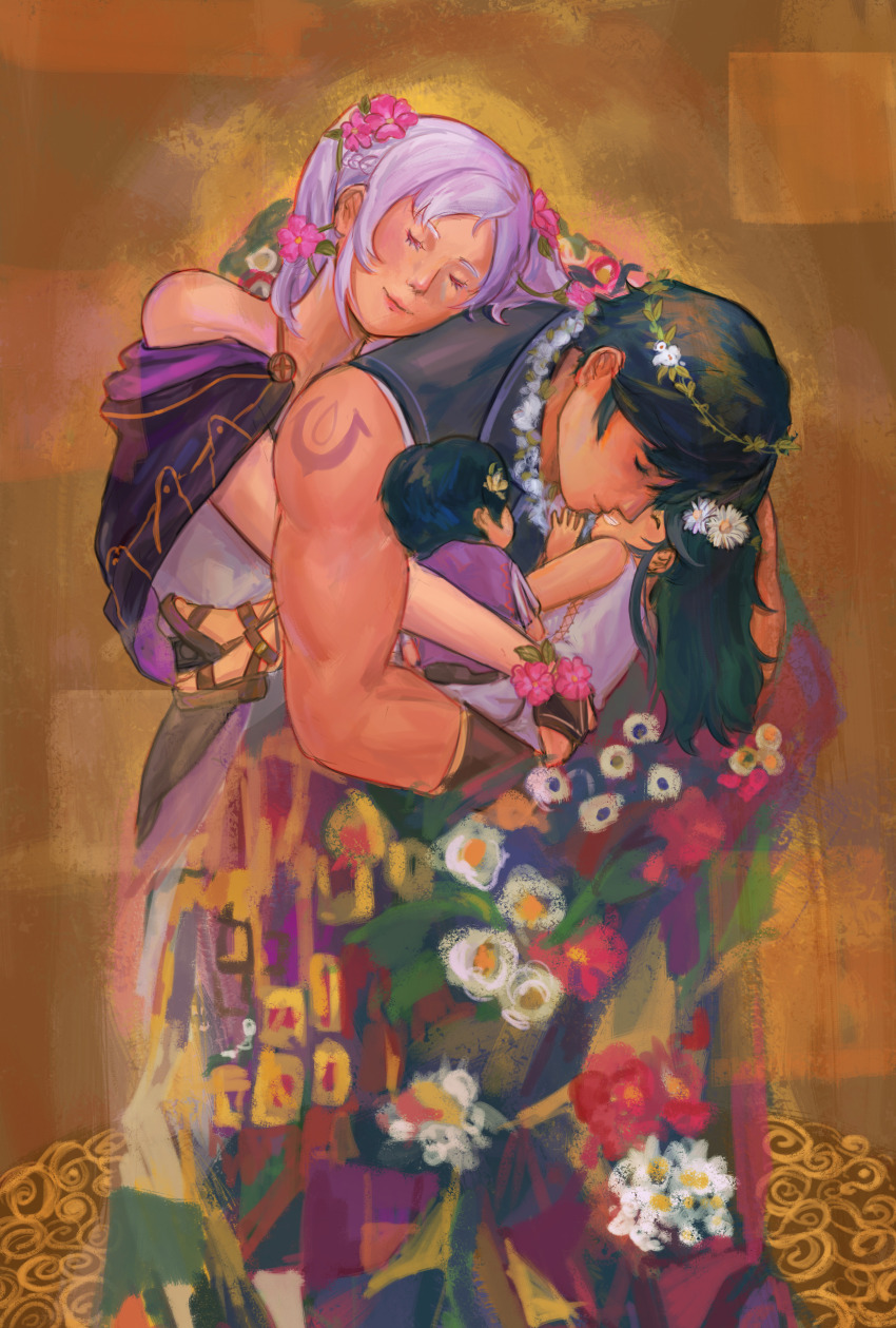 2boys, 2girls, absurdres, art_nouveau, baby, bakanachos, blue_hair, brand_of_the_exalt, carrying, carrying_baby, carrying_person, chrom_(fire_emblem), chrom_(valentine)_(fire_emblem), closed_eyes, family, female_robin_(fire_emblem), female_robin_(valentine)_(fire_emblem), fine_art_parody, fire_emblem, fire_emblem_awakening, fire_emblem_heroes, flower, grey_hair, hair_flower, hair_ornament, head_wreath, highres, hug, hug_from_behind, kiss, lucina_(fire_emblem), male_morgan_(fire_emblem), multiple_boys, multiple_girls, nintendo, official_alternate_costume, parody, the_kiss