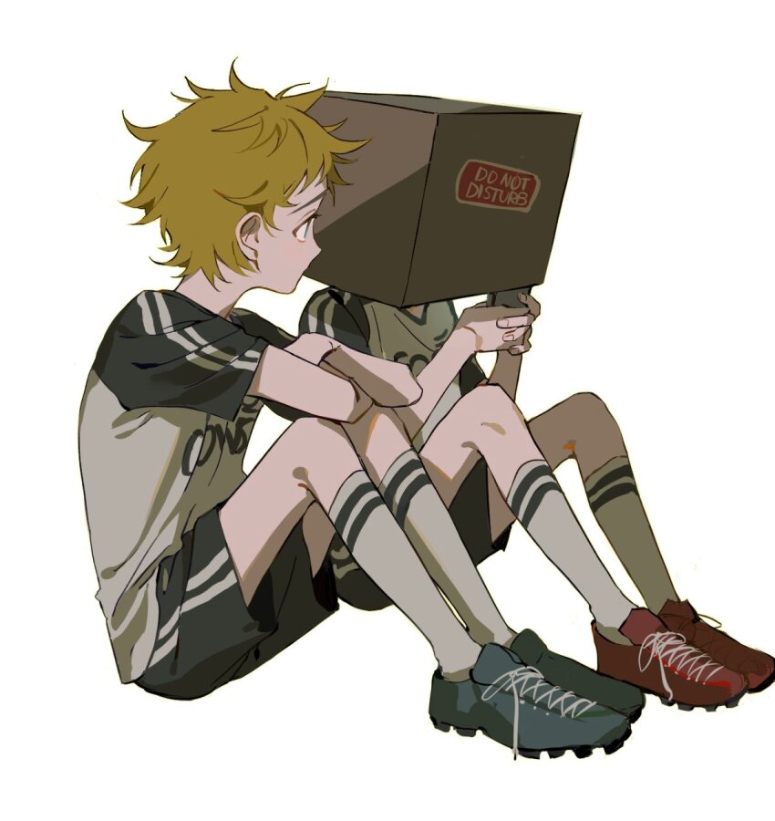 2boys, blonde_hair, blue_eyes, box, box_on_head, bx6yg, cardboard_box, cleats, craig_tucker, crossed_arms, full_body, highres, holding, holding_phone, knees_up, looking_at_another, male_focus, multiple_boys, phone, short_hair, short_sleeves, shorts, sitting, soccer_uniform, south_park, sportswear, tweek_tweak