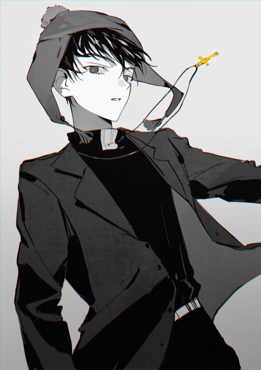 1boy, belt, black_hair, bx6yg, chullo, clerical_collar, craig_tucker, cross, cross_necklace, highres, jacket, jewelry, long_sleeves, looking_at_viewer, male_focus, monochrome, necklace, parted_lips, short_hair, solo, south_park, south_park:_phone_destroyer, spot_color