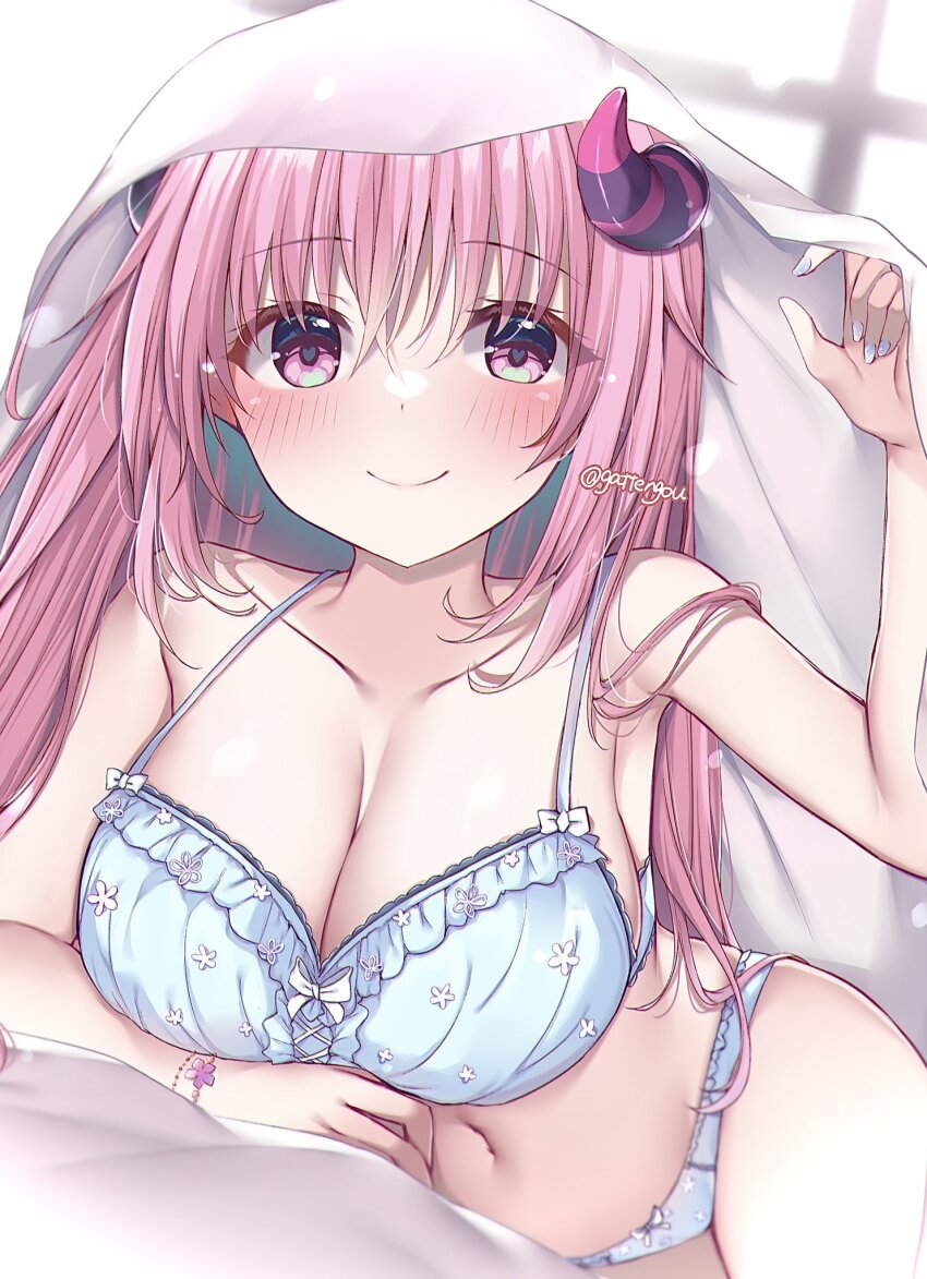 1girl, anneliese, arm_support, bare_arms, bare_shoulders, bead_bracelet, beads, blue_bra, blue_nails, blue_panties, blurry, blush, bra, bracelet, breasts, cleavage, closed_mouth, collarbone, commentary, cowboy_shot, curled_horns, curvy, demon_girl, demon_horns, depth_of_field, eyelashes, eyes_visible_through_hair, frilled_bra, frills, gattengou, hair_between_eyes, hair_down, hair_over_shoulder, happy, heart, heart-shaped_pupils, highres, horns, indoors, jewelry, kimagure_temptation, large_breasts, long_hair, looking_at_viewer, lying, nail_polish, navel, on_bed, on_side, panties, pink_eyes, pink_hair, smile, solo, straight_hair, symbol-shaped_pupils, tsurime, twitter_username, under_covers, underwear, underwear_only, very_long_hair