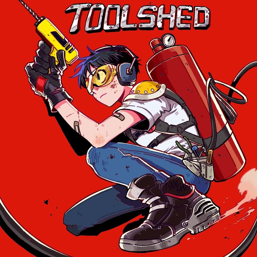 1boy, armor, bandaid, bandaid_on_arm, belt, character_name, chest_harness, commentary