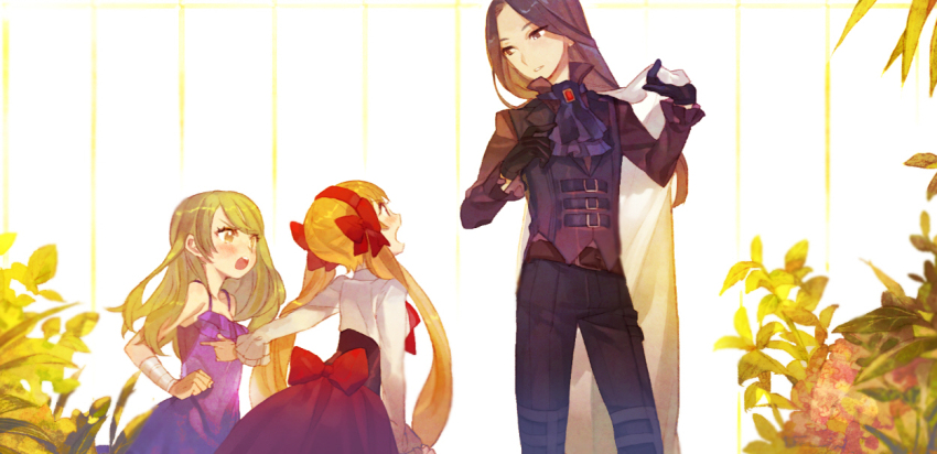 3girls, ascot, back_bow, bandaged_arm, bandages, bare_arms, bare_shoulders, belt