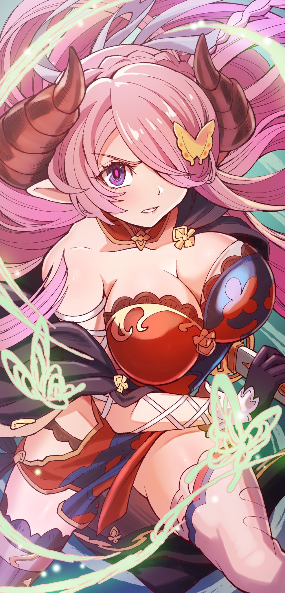 1girl, alternate_costume, bare_shoulders, battoujutsu_stance, black_dress, black_gloves, braid, breasts, butterfly_hair_ornament, cleavage, collarbone, cowboy_shot, crown_braid, dress, fighting_stance, gloves, granblue_fantasy, hair_ornament, hair_over_one_eye, highres, holding, holding_sword, holding_weapon, horns, large_breasts, long_hair, looking_at_viewer, narmaya_(granblue_fantasy), narmaya_(grand)_(granblue_fantasy), pink_hair, pink_pupils, purple_eyes, ready_to_draw, red_dress, ryuusei_(trickster), solo, sword, thighhighs, two-tone_dress, weapon, white_thighhighs