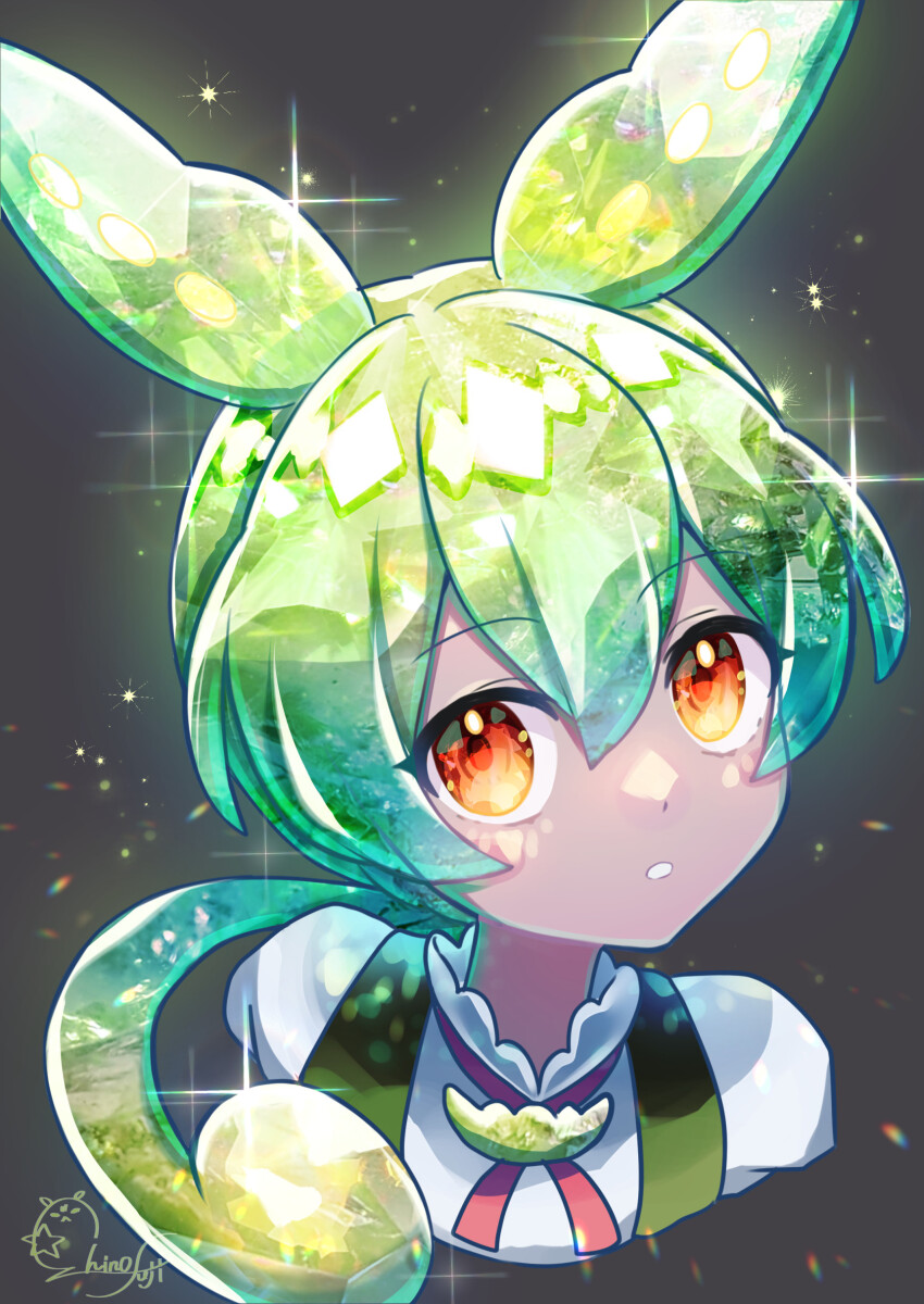 1girl, absurdres, crystal_hair, glint, green_hair, grey_background, hair_between_eyes, highres