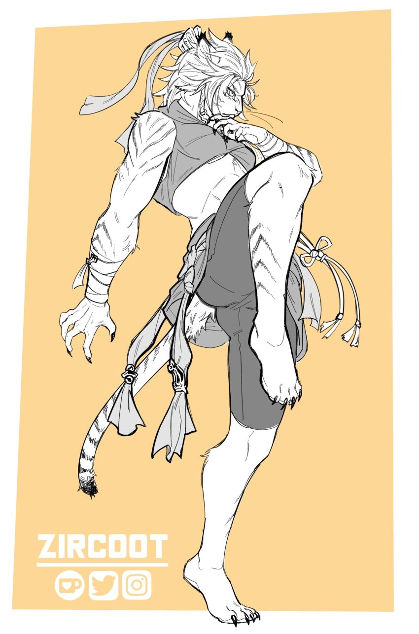 1girl, animal_ears, barefoot, breasts, claws, cleavage, fangs, fighting_stance