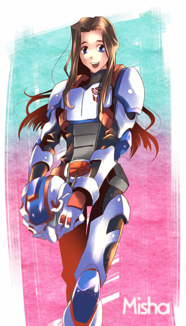 1girl, armor, autobot_symbol, cosplay, crossdressing, crossdressing_(ftm), helmet, kicker_jones_(cosplay)
