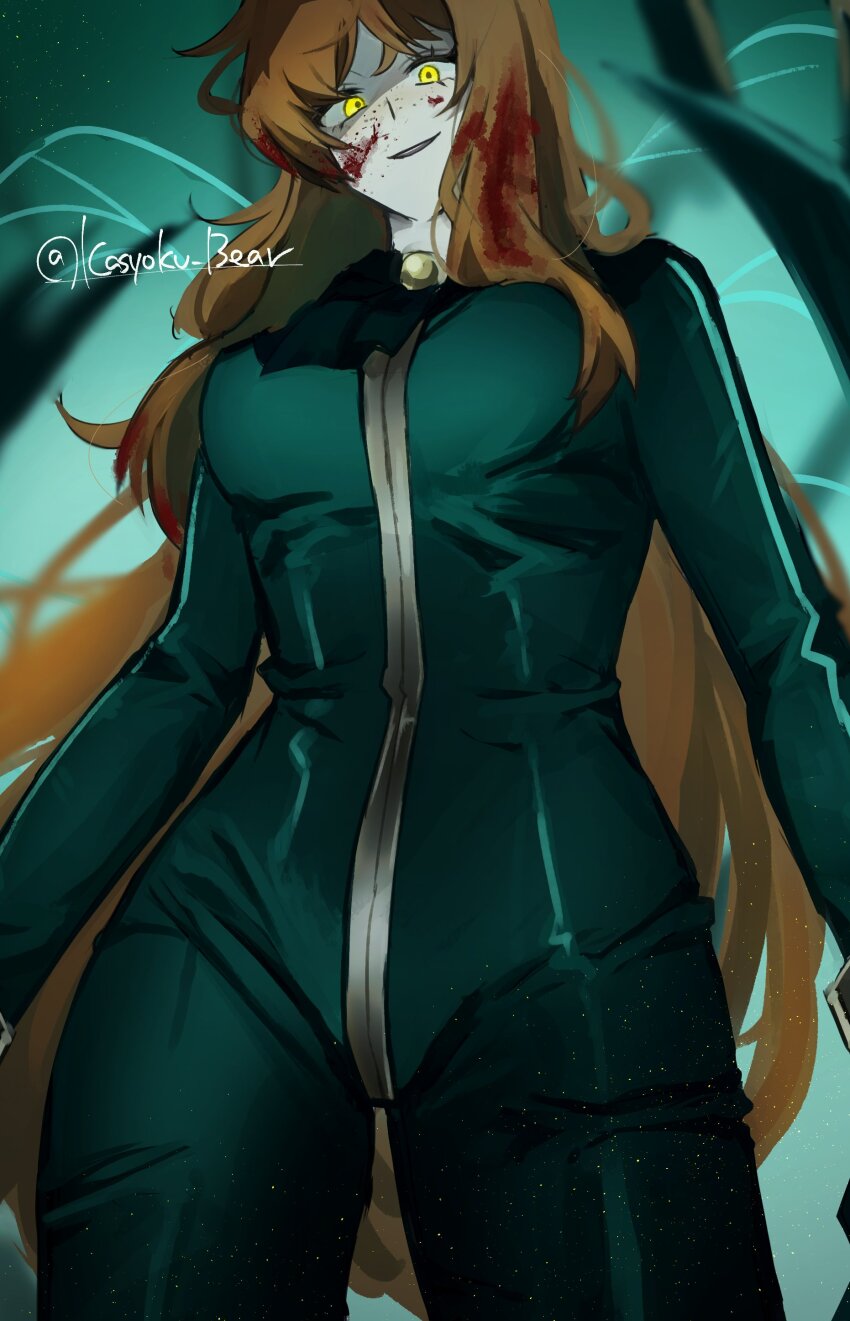 1girl, absurdres, blood, blood_in_hair, bodysuit, e.g.o_(project_moon), freckles, full-length_zipper, glowing, glowing_eyes, green_background, green_bodysuit, highres, ishmael_(project_moon), kasyoku_bear, limbus_company, long_hair, long_sleeves, monster_girl, orange_hair, project_moon, signature, solo, twitter_username, yellow_eyes, zipper