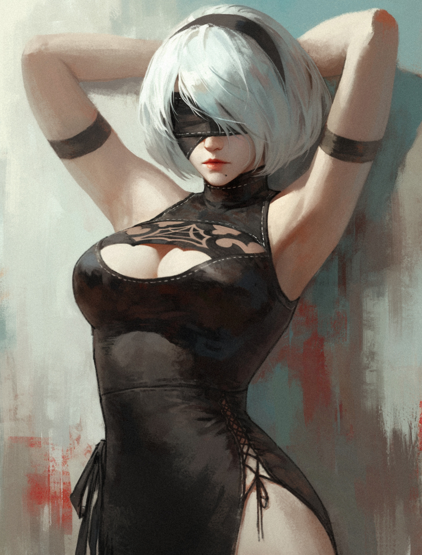 1girl, 2b_(nier:automata), armband, armpits, arms_behind_head, arms_up, bare_shoulders, black_armband