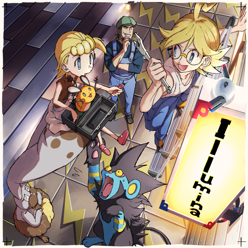 1girl, 2boys, :d, ^_^, ahoge, beard, blonde_hair, blue_overalls