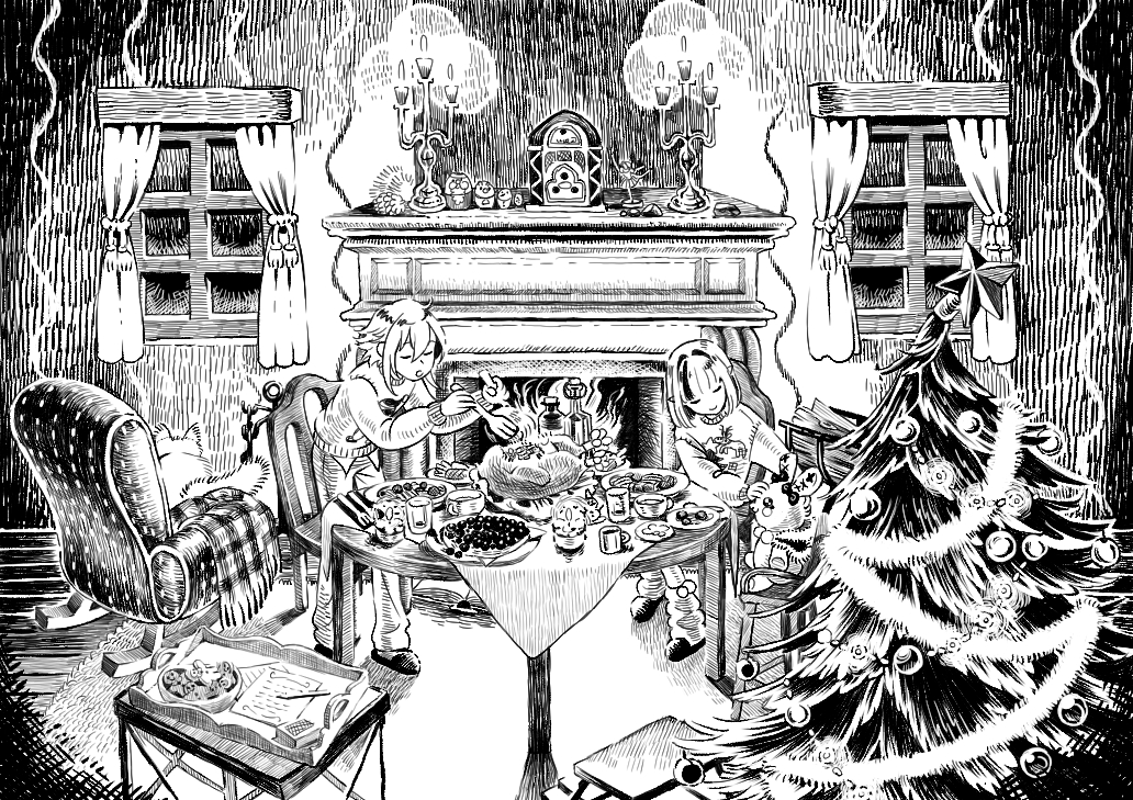 1boy, 1girl, alternate_costume, antique_radio, blunt_bangs, bottle, candlestand, cat