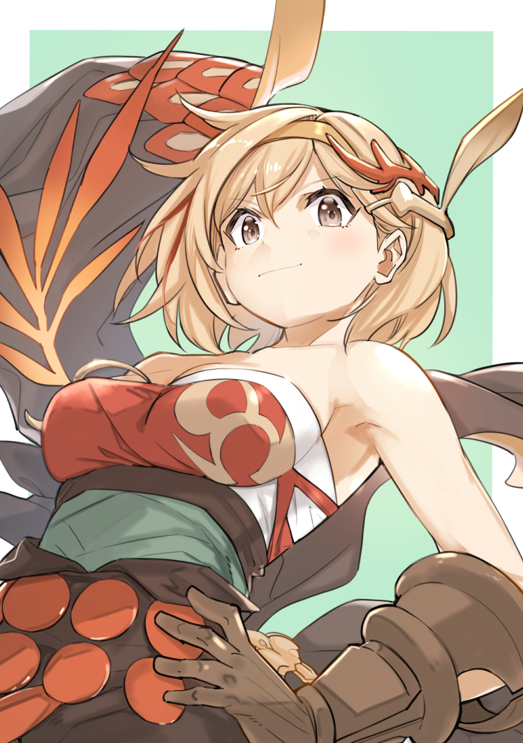 1girl, bare_shoulders, breasts, brown_gloves, brown_hair, brown_skirt, cleavage, closed_mouth, djeeta_(granblue_fantasy), firedancer's_roseplume_(granblue_fantasy), gloves, granblue_fantasy, hair_ornament, hairband, hand_on_own_hip, high-waist_skirt, light_brown_hair, looking_at_viewer, mika_(gbf), multicolored_hair, sash, shirt, short_hair, skirt, small_breasts, smile, solo, strapless, strapless_shirt, streaked_hair, upper_body