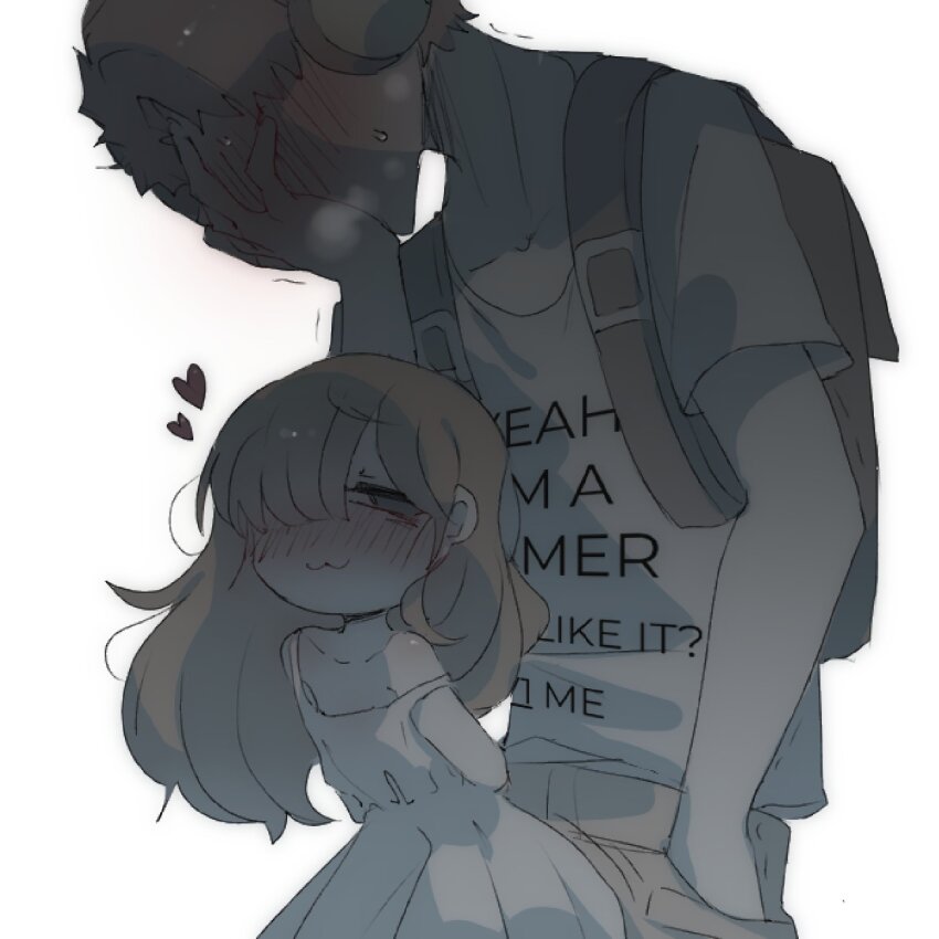 1boy, 1girl, :3, anatomy_of_a_gamer_(meme), backpack, bag, black_bag, black_eyes, blush, borrowed_character, brown_hair, brown_pants, child_gf_(orenji), commentary, covering_face, deliriumcenter, dress, english_commentary, full-face_blush, gamer_(orenji), grey_shirt, hair_over_one_eye, hand_in_pocket, headphones, heart, hetero, highres, humping, loli, long_hair, meme, mesugaki, original, pants, print_shirt, sexually_suggestive, shirt, simple_background, smug, sweat, white_background, white_dress