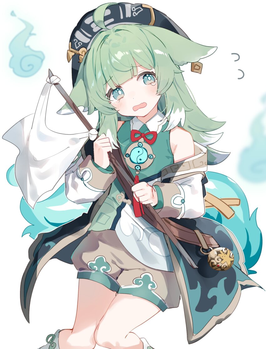 1girl, absurdres, bare_shoulders, blue_eyes, blue_shirt, blush, collared_shirt, dot_nose, feet_out_of_frame, flag, flying_sweatdrops, green_hair, head_tilt, highres, hitodama, holding, holding_flag, honkai:_star_rail, honkai_(series), huohuo_(honkai:_star_rail), jacket, knees_together_feet_apart, long_bangs, long_sleeves, looking_at_viewer, makeshift_flag, mokyuko, off_shoulder, open_clothes, open_jacket, open_mouth, shirt, simple_background, sleeveless, sleeveless_shirt, solo, white_background, white_flag, white_jacket, yin_yang