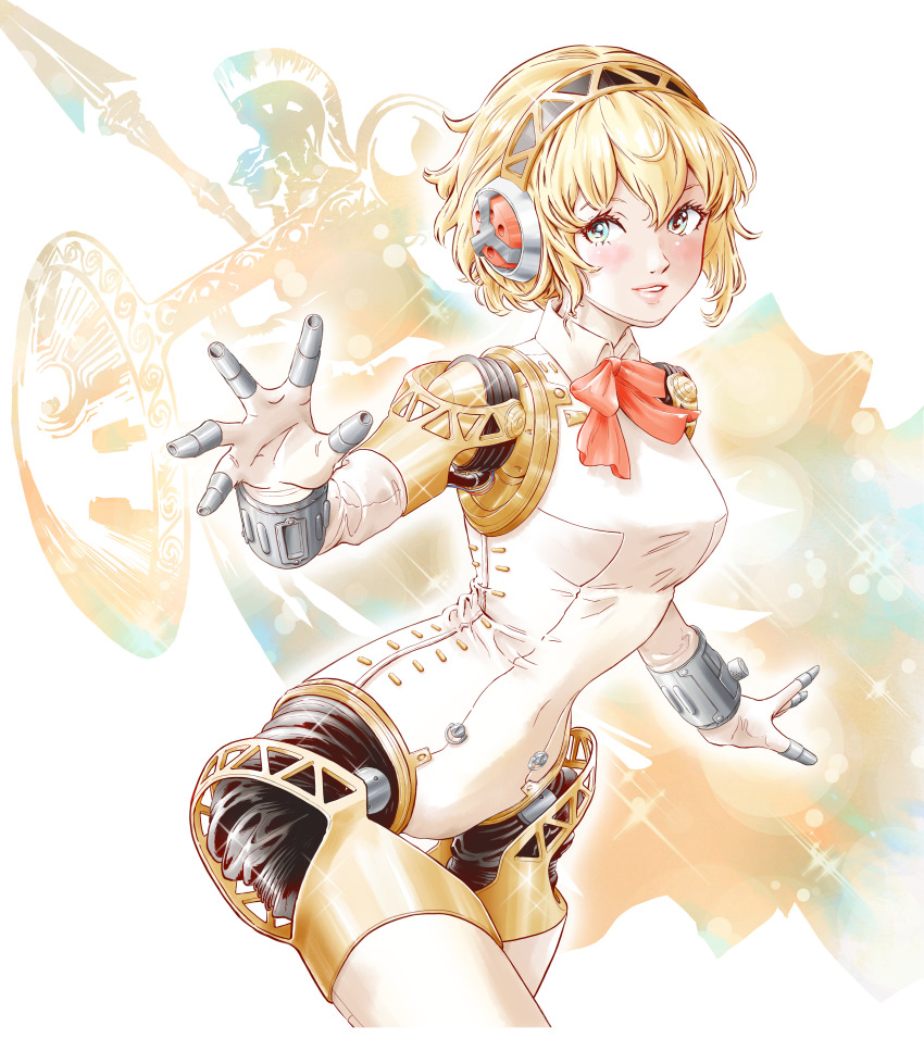 1girl, absurdres, aigis_(persona), android, athena_(megami_tensei), blonde_hair, blue_eyes, blush, bow, commentary_request, eyelashes, finger_cannon, hairband, hand_up, headphones, highres, joints, looking_at_viewer, momo_oddeye, parted_lips, persona, persona_(summon), persona_3, ribbon, robot_ears, robot_girl, robot_joints, short_hair, simple_background, smile, solo, sparkle