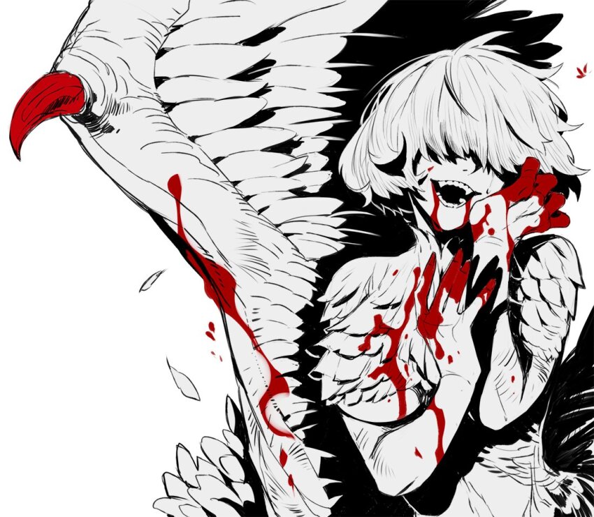 1girl, 88_(h_rock_88), blood, blood_from_mouth, blood_on_face, blood_on_hands, bloody_wings, commentary_request, covered_eyes, dungeon_meshi, falin_touden, falin_touden_(chimera), falling_feathers, fangs, feathered_wings, feathers, hair_over_eyes, hand_on_own_cheek, hand_on_own_face, korean_commentary, long_bangs, monochrome, monster_girl, open_mouth, short_hair, simple_background, smile, solo, spoilers, spot_color, upper_body, wings