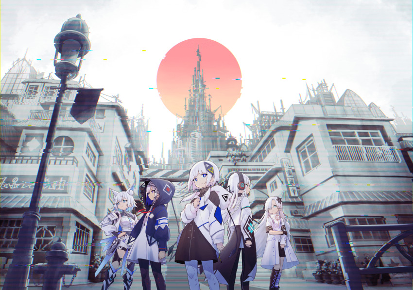 5girls, animal_ear_fluff, animal_ears, aqua_eyes, artist_request, black_gloves, black_shorts, black_skirt