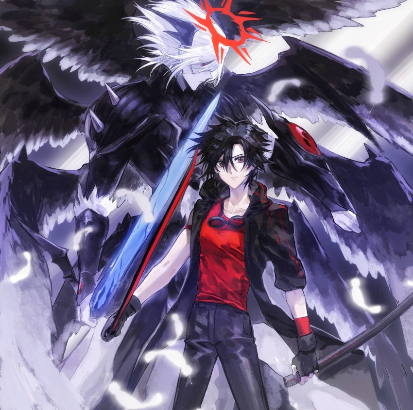 2boys, absurdres, armband, black_coat, black_gloves, black_hair, black_pants, black_wings