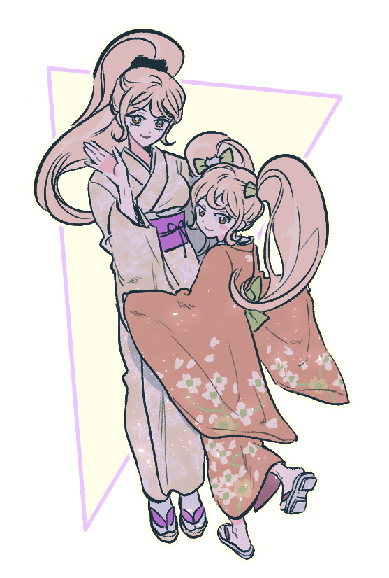 13x39, 2girls, alternate_costume, alternate_hairstyle, back_bow, black_bow, black_ribbon, blonde_hair