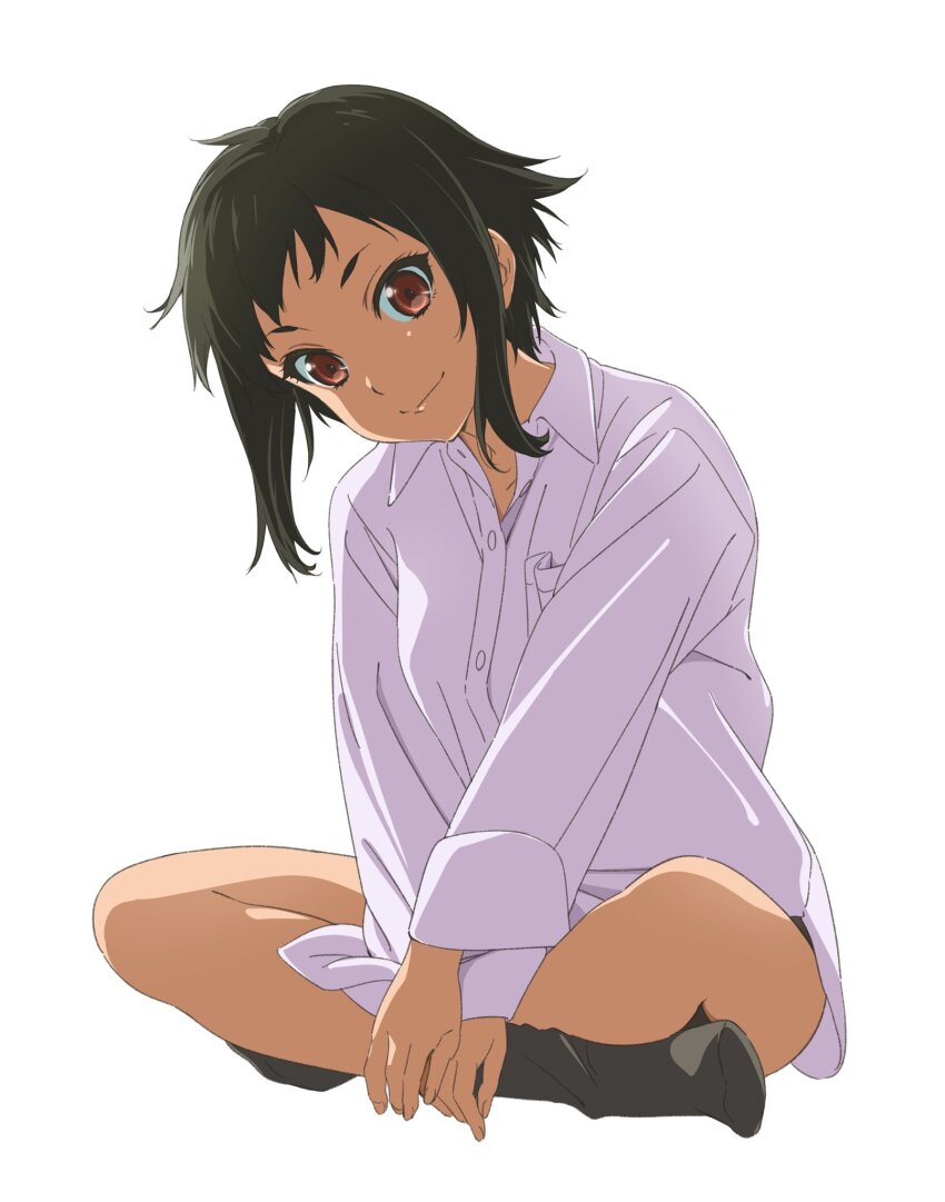 1girl, black_hair, black_socks, breast_pocket, brown_eyes, closed_mouth, collarbone, collared_shirt