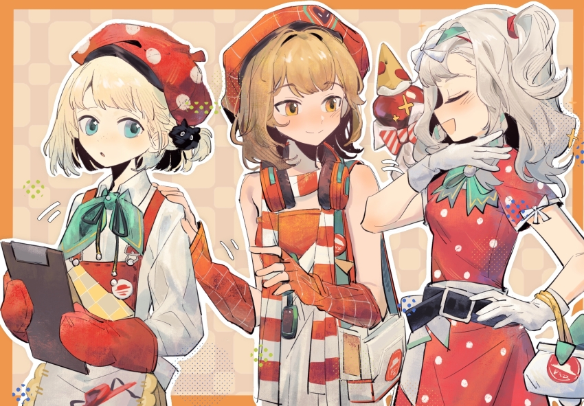 1boy, 2girls, :o, apple, apple_(reverse:1999), apron, aqua_bow, aqua_bowtie