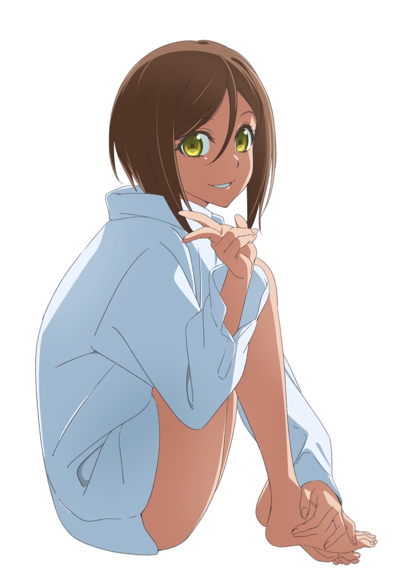 1girl, bob_cut, bottomless, brown_hair, collared_shirt, fanged_bangs, from_side, full_body