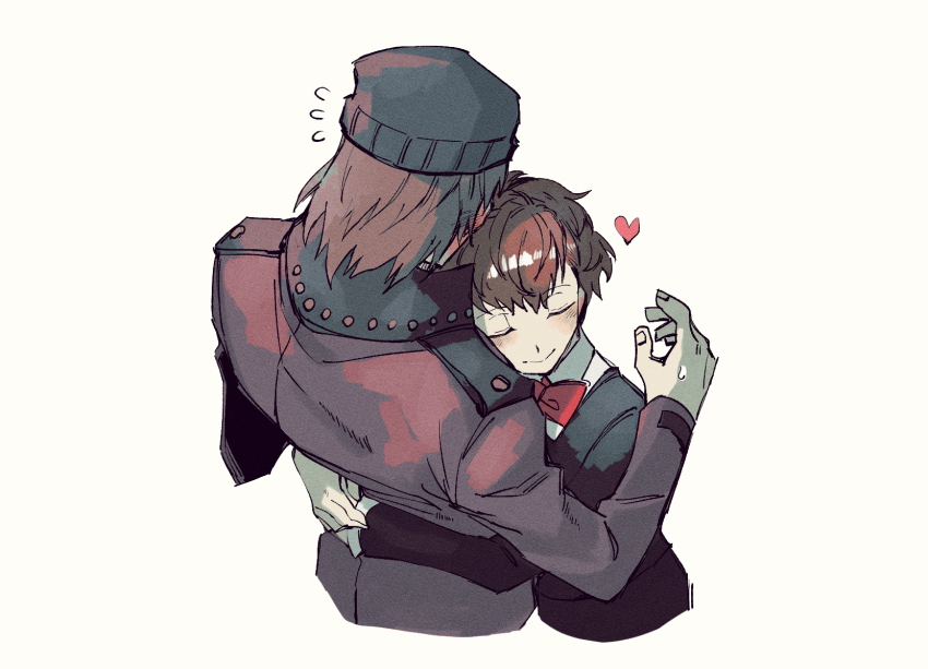 1boy, 1girl, aragaki_shinjirou, beanie, black_hat, black_jacket, blush, bow