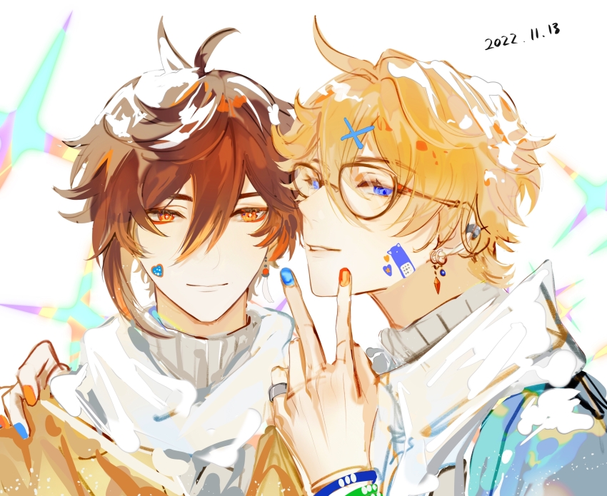 2boys, absurdres, alternate_costume, bandaid, bandaid_on_face, contemporary, eyeliner, genshin_impact