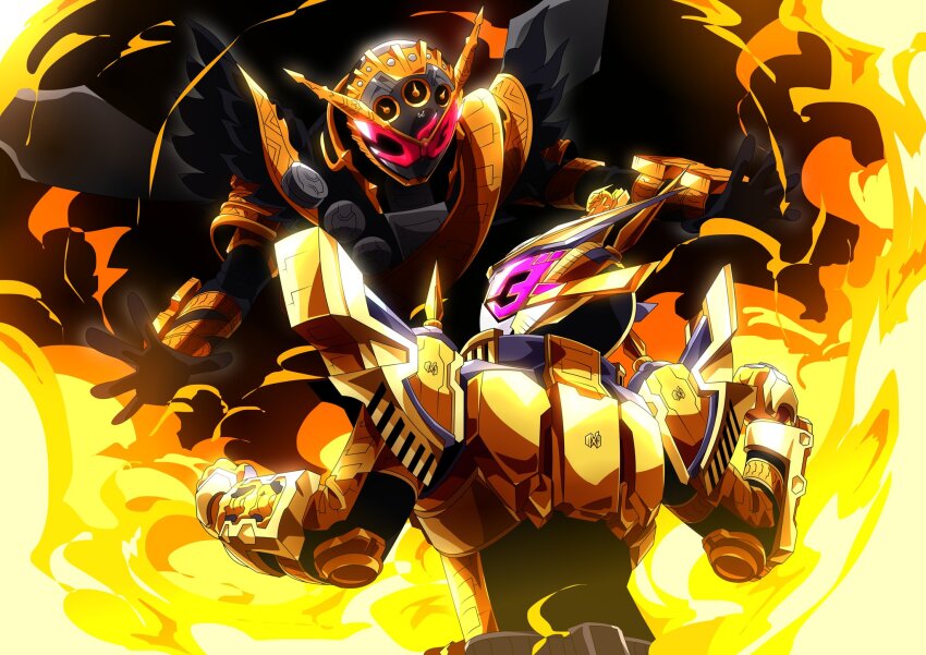 2018, 2019, 2boys, alternate_costume, apocalypse, arm_up, armor, aura