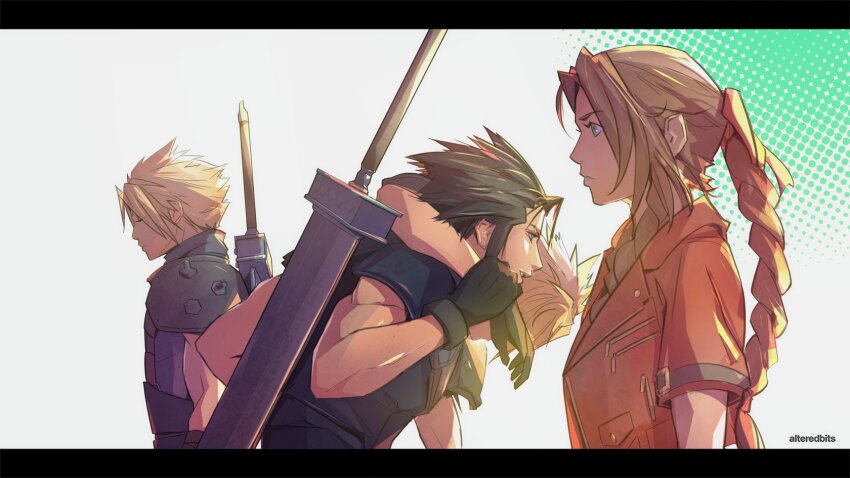 1girl, 2boys, aerith_gainsborough, alteredbits, arm_around_shoulder, armor, artist_name, black_gloves