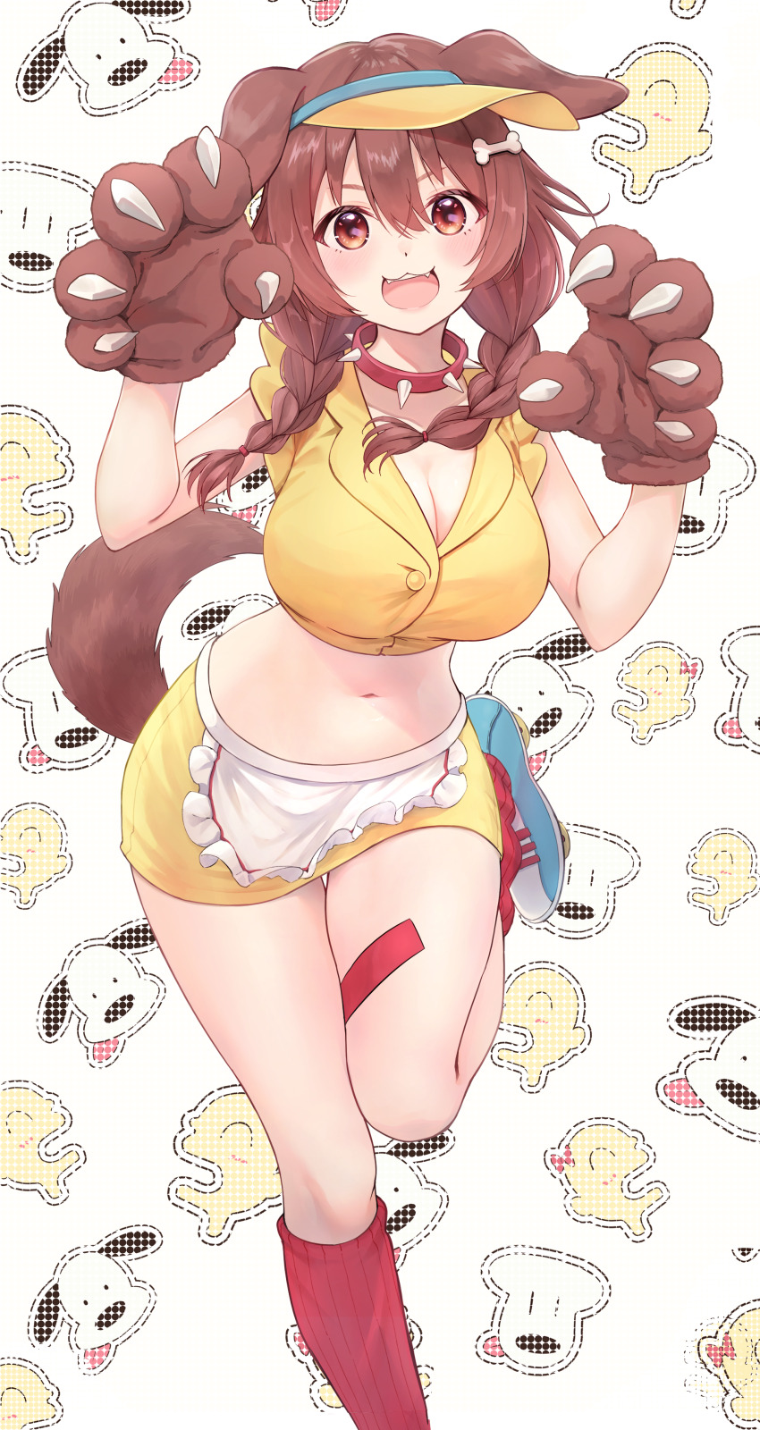 1girl, 5to_rai, absurdres, animal_ears, animal_hands, apron, bone_hair_ornament, braid