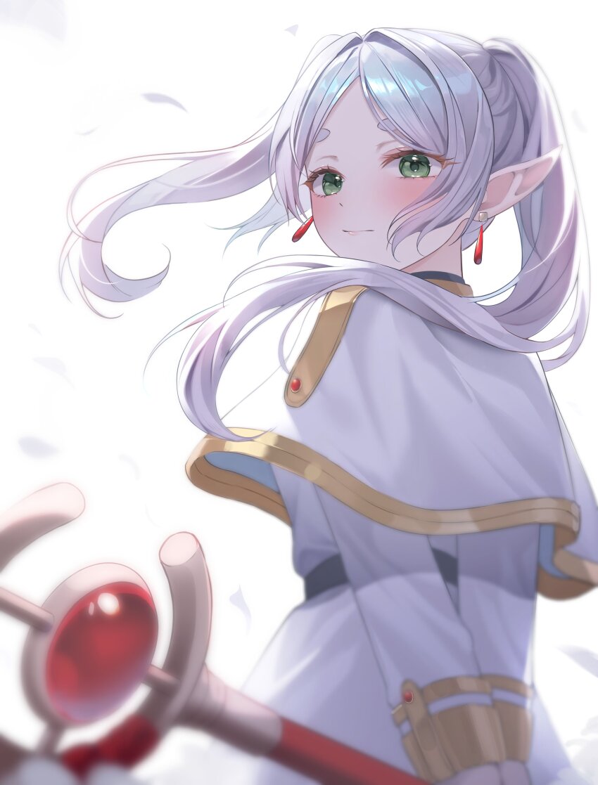 1girl, absurdres, arms_behind_back, blurry, capelet, commentary_request, depth_of_field, dress