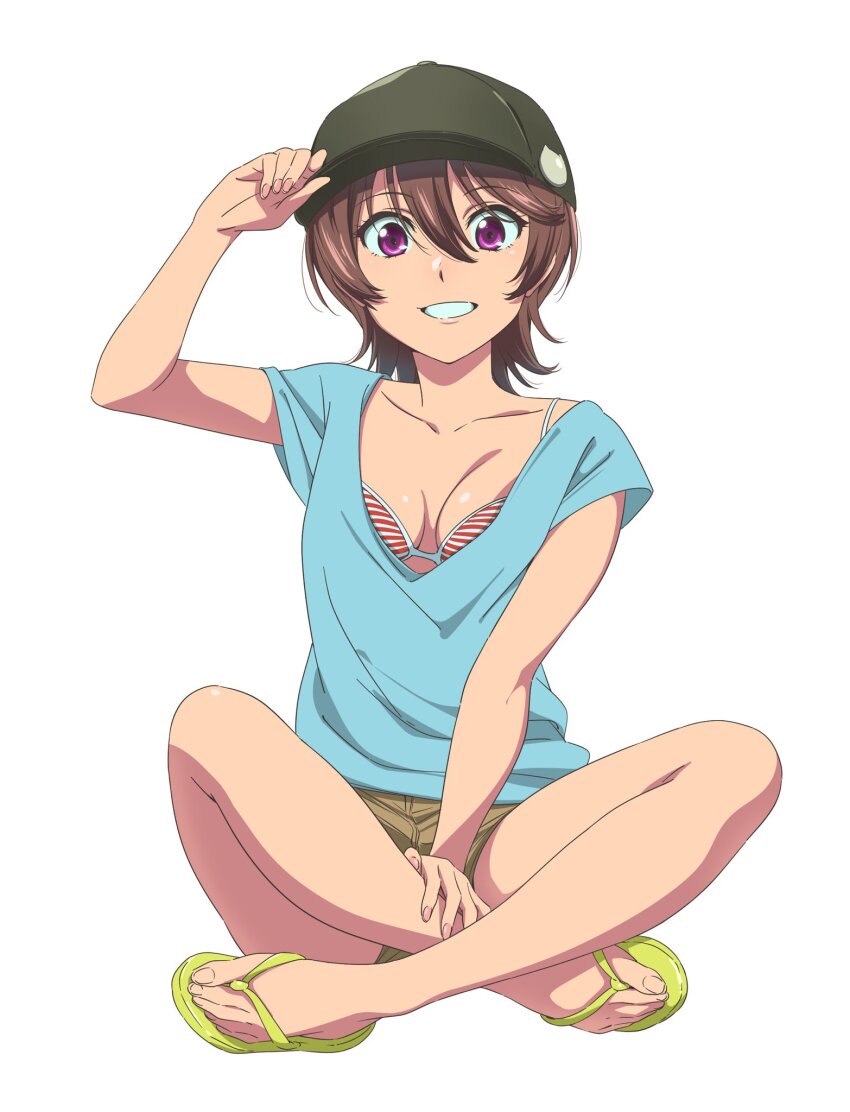 1girl, :d, adjusting_clothes, adjusting_headwear, baseball_cap, bikini, bikini_under_clothes, blue_shirt