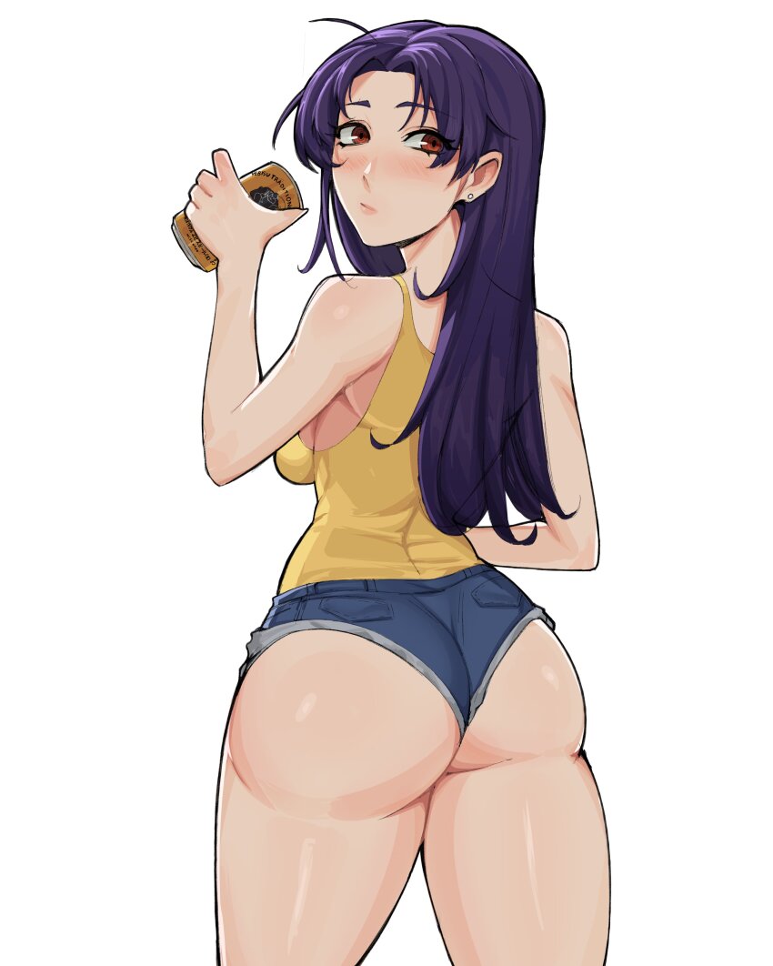 1girl, absurdres, alcohol, arm_at_side, arm_up, ass, ass_focus, bare_arms, bare_legs, bare_shoulders, beer, blue_shorts, blush, bojinko, breasts, can, closed_mouth, cowboy_shot, denim, denim_shorts, drink, earrings, eyebrows, eyelashes, female_focus, from_behind, highres, holding, holding_can, huge_ass, jewelry, katsuragi_misato, long_hair, medium_breasts, neon_genesis_evangelion, purple_hair, red_eyes, shirt, short_shorts, shorts, simple_background, sleeveless, sleeveless_shirt, solo, standing, thighs, white_background, yellow_shirt