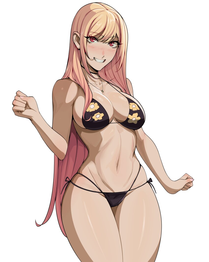 1girl, absurdres, arm_at_side, bikini, black_bikini, blonde_hair, blush, bojinko, breasts, collarbone, cowboy_shot, eyebrows, eyelashes, female_focus, fingernails, gradient_hair, grin, hand_up, highres, jewelry, kitagawa_marin, large_breasts, legs_together, long_hair, looking_at_viewer, multi-strapped_bikini_bottom, multicolored_hair, navel, necklace, pink_hair, red_eyes, side-tie_bikini_bottom, simple_background, smile, solo, sono_bisque_doll_wa_koi_wo_suru, standing, swimsuit, teeth, thighs, two-tone_hair, white_background, wide_hips