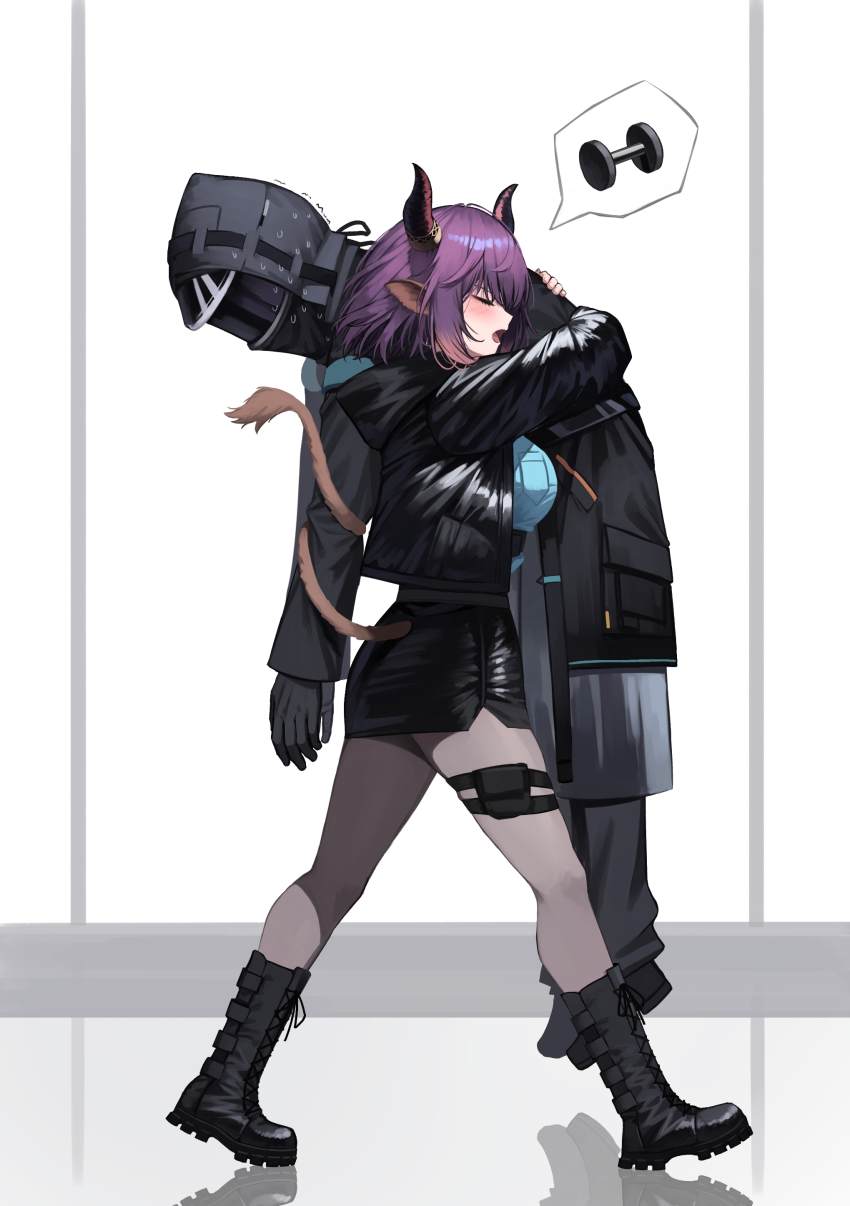 1girl, 1other, absurdres, animal_ears, arknights, black_footwear, black_jacket, black_skirt, blue_shirt, blush, boots, breasts, carrying, carrying_person, closed_eyes, clothing_cutout, commentary, doctor_(arknights), dumbbell, english_commentary, grey_pantyhose, highres, hood, hood_down, hood_up, hooded_jacket, horns, jacket, kimsuwan2013, lace-up_boots, medium_breasts, open_mouth, pantyhose, profile, purple_hair, reflection, shirt, sideroca_(arknights), skirt, speech_bubble, tail, tail_through_clothes, tail_wrap, walking, white_background