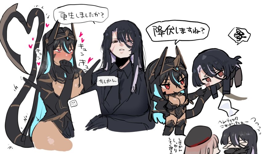 3girls, arm_armor, armored_gloves, armored_leotard, black_hair, blue_hair, blush, breasts, cleavage, colored_inner_hair, commander_(nikke), dark-skinned_female, dark_skin, female_commander_(nikke), genderswap, genderswap_(mtf), glowing, glowing_hair, goddess_of_victory:_nikke, headgear, heart, highres, indivilia_(nikke), large_breasts, leg_armor, leotard, mechanical_tail, multicolored_hair, multiple_girls, multiple_views, rapi_(nikke), red_eyes, sakuhane_saiga, scorpion_tail, tail, thighs