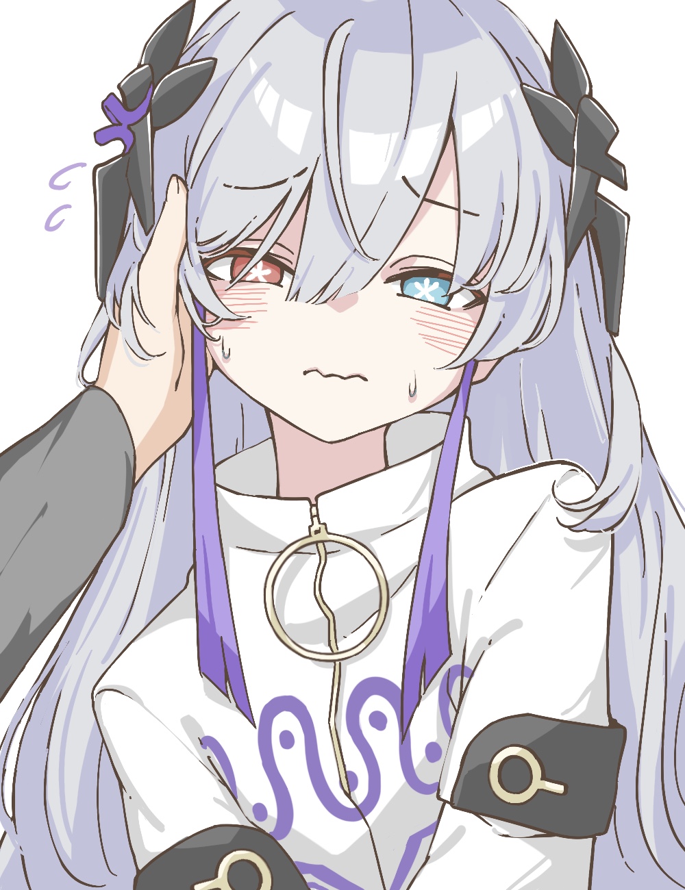 1girl, blue_eyes, blush, closed_mouth, collared_jacket, embarrassed, flower-shaped_pupils, flying_sweatdrops, hair_between_eyes, hair_ornament, hand_on_another's_cheek, hand_on_another's_face, head_tilt, heterochromia, highres, histoire-ange, jacket, kamitsubaki_studio, long_hair, long_sleeves, looking_at_viewer, multicolored_hair, pov, pov_hands, purple_hair, red_eyes, sekai_(cevio), sidelocks, simple_background, solo, straight_hair, streaked_hair, sweatdrop, symbol-shaped_pupils, upper_body, wavy_mouth, white_background, white_hair, white_jacket, zipper, zipper_pull_tab