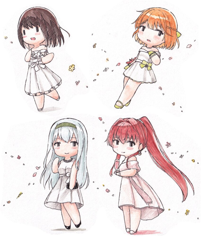 4girls, bare_shoulders, blush, breasts, brown_hair, champagne_flute, chibi, chibi_only
