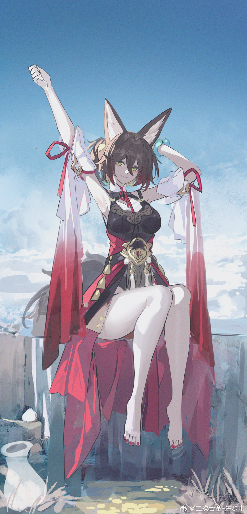 1girl, animal_ear_fluff, animal_ears, aqua_bracelet, arm_behind_head, arm_up, armpits, bare_legs, bare_shoulders, barefoot, black_dress, blue_sky, bracelet, breasts, brown_hair, cleavage, cleavage_cutout, clenched_hand, clothing_cutout, cloud, collar, collared_dress, commentary, day, detached_sleeves, dress, echj, eyelashes, fox_ears, fox_tail, full_body, grass, green_eyes, hair_between_eyes, happy, high-waist_skirt, high_collar, highres, honkai:_star_rail, honkai_(series), jewelry, large_breasts, long_skirt, looking_at_viewer, nail_polish, neck_ribbon, open_clothes, open_mouth, open_skirt, outdoors, ponytail, red_nails, red_ribbon, red_skirt, ribbon, short_hair, short_sleeves, sitting, skirt, sky, sleeve_ribbon, smile, solo, stretching, tail, tingyun_(harmony)_(honkai:_star_rail), tingyun_(honkai:_star_rail), toenail_polish, toenails, toes, vase, water, waterfall, watermark, weibo_watermark, white_collar, white_sleeves, wide_sleeves