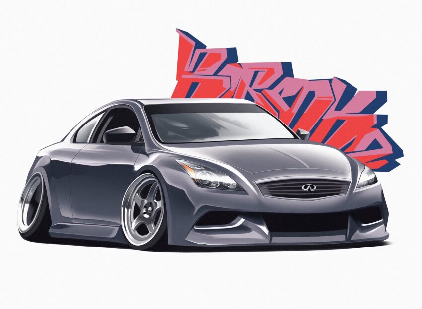car, graffiti, grey_car, highres, infiniti_(company), infiniti_g37, motor_vehicle, no_humans