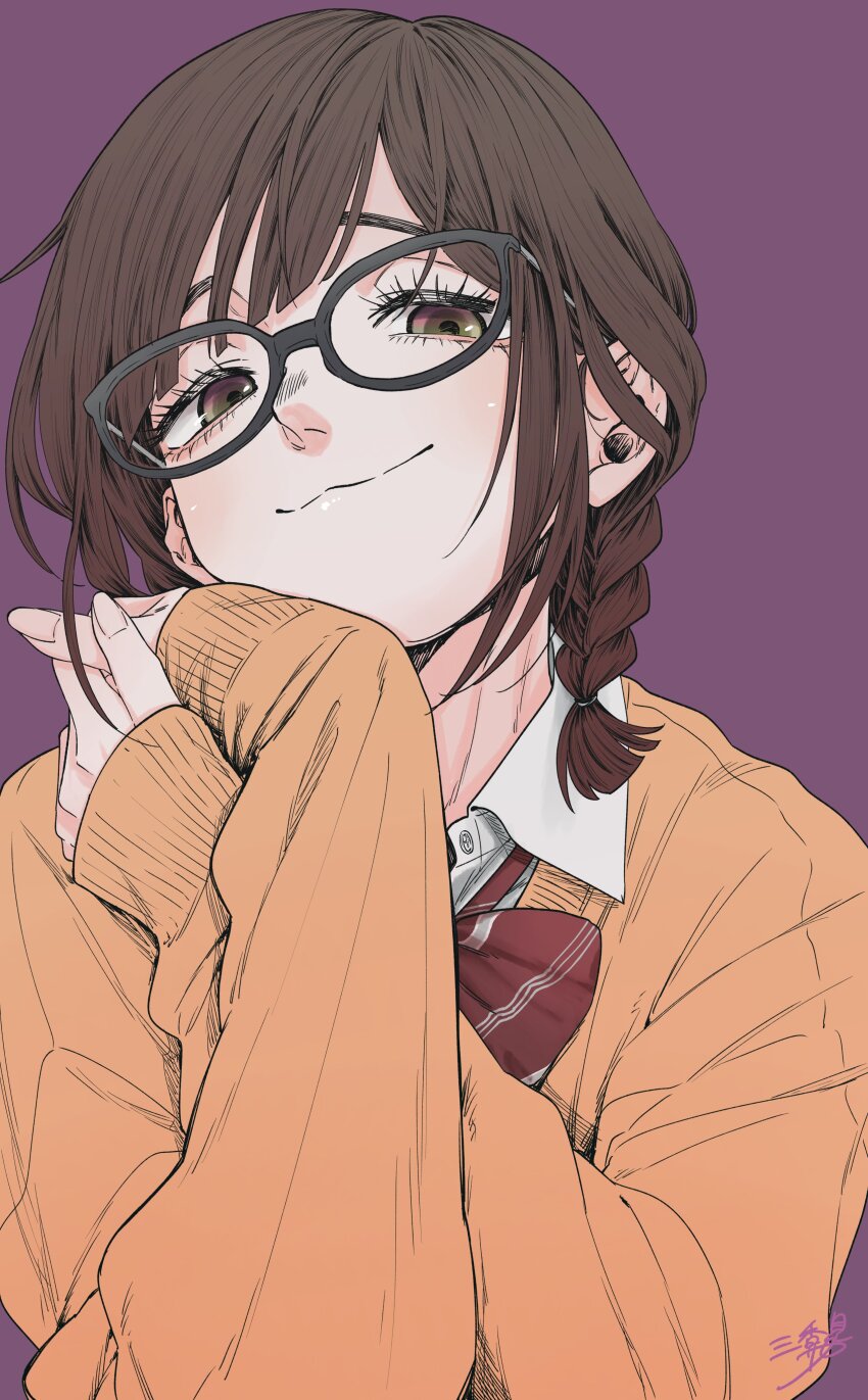 1girl, :3, absurdres, black-framed_eyewear, bow, bowtie, braid, brown_eyes, brown_hair, collared_shirt, fingernails, glasses, highres, kaoru_hana_wa_rin_to_saku, looking_at_viewer, medium_hair, mikami_saka, orange_sweater, own_hands_together, purple_background, raised_eyebrow, red_bow, red_bowtie, shirt, sidelocks, signature, simple_background, single_braid, solo, sweater, swept_bangs, white_shirt, yuzuhara_madoka