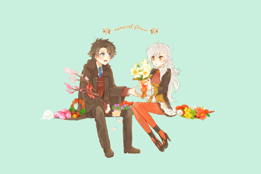 1boy, 1girl, :o, antenna_hair, ascot, black_footwear, black_hair, black_pants