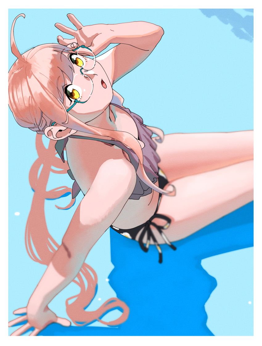 1girl, absurdres, adjusting_eyewear, ahoge, aqua-framed_eyewear, bikini, blue-framed_eyewear, braid