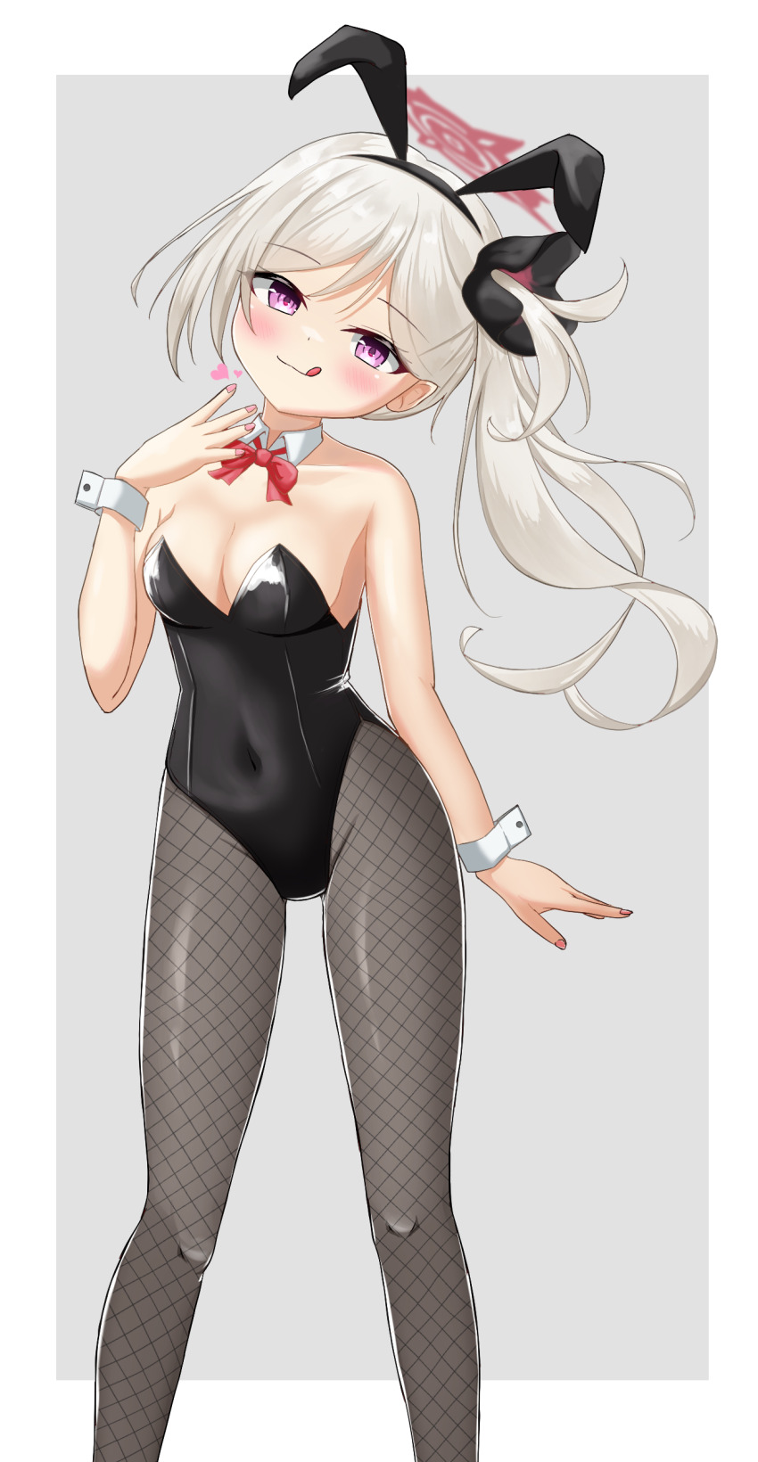 1girl, absurdres, animal_ears, black_leotard, blue_archive, border, bow, bowtie, breasts, cleavage, detached_collar, feet_out_of_frame, fishnet_pantyhose, fishnets, grey_background, grey_pantyhose, halo, head_tilt, highres, leotard, long_hair, looking_at_viewer, medium_breasts, mutsuki_(blue_archive), numamizuki, pantyhose, playboy_bunny, purple_eyes, rabbit_ears, red_bow, red_bowtie, red_halo, side_ponytail, solo, strapless, strapless_leotard, tongue, tongue_out, two-tone_background, white_border, white_hair, wrist_cuffs