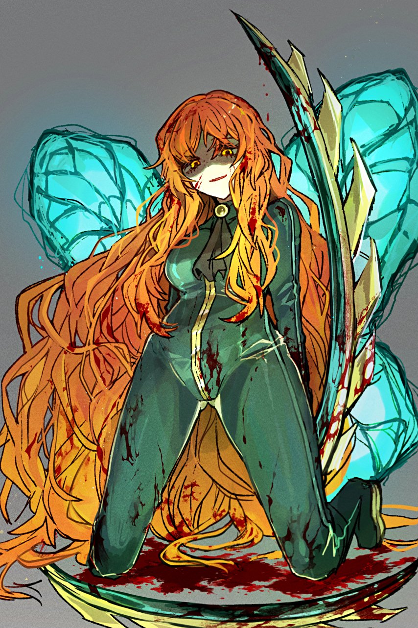 1girl, blood, blood_in_hair, blood_on_clothes, blood_on_face, blood_splatter, bodysuit, e.g.o_(project_moon)